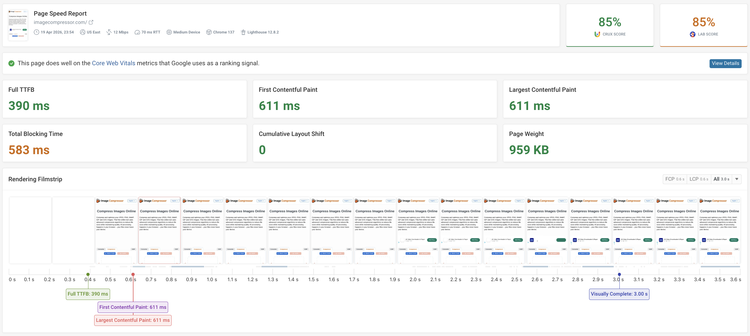 Page speed report with rendering filmstrip