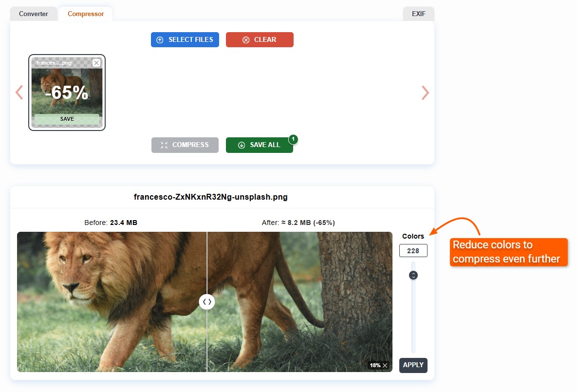 PNG compression with color palette reduction slider