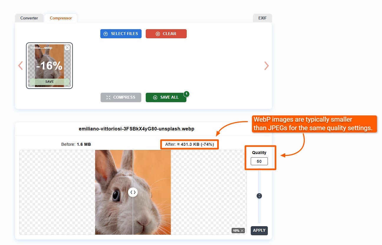 WebP image compression using quality slider